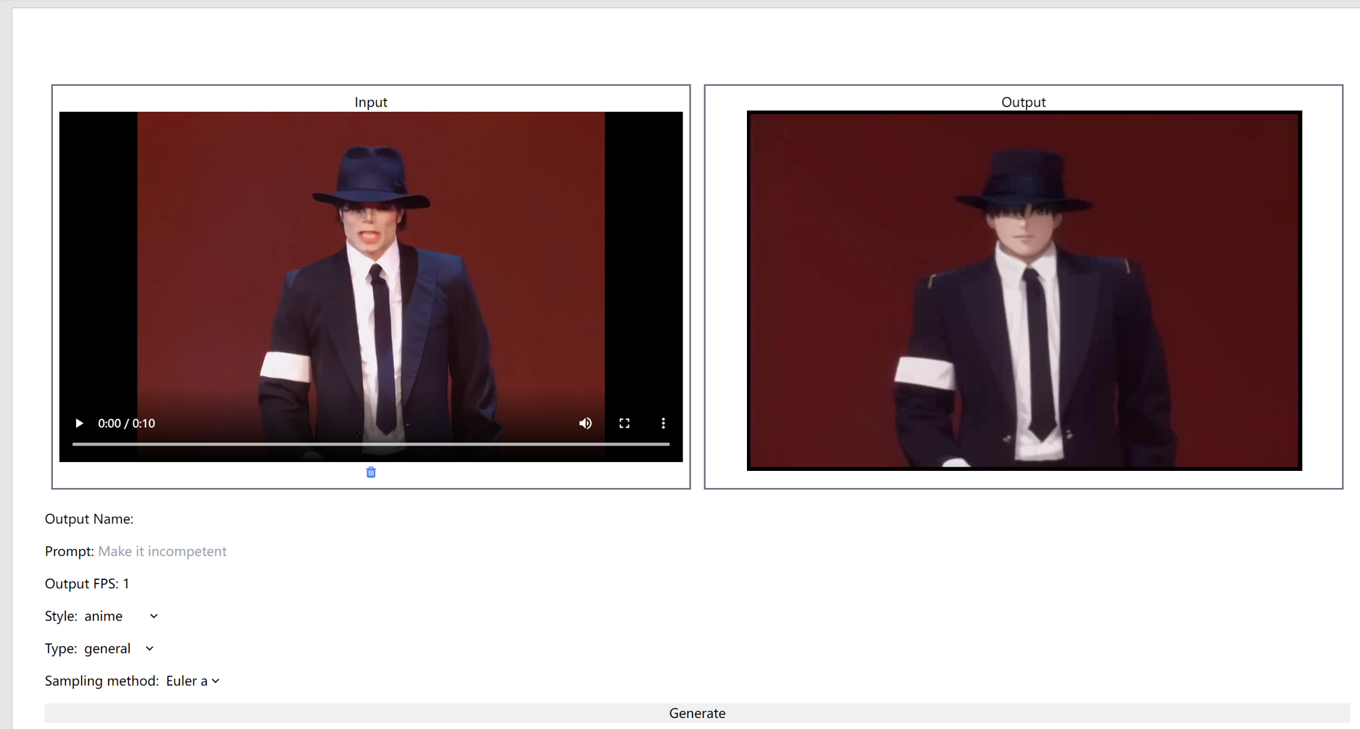 The web app interface which has an uploaded video in the input pane and a anime-style video in the output pane. Below, the options are configured to set the text prompt, FPS, style, type, and sampling method