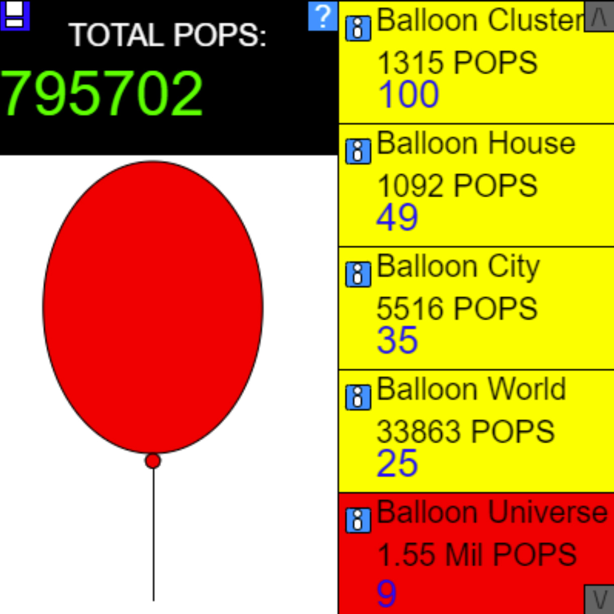 A game screen showing pop count, upgrades, and a balloon to click