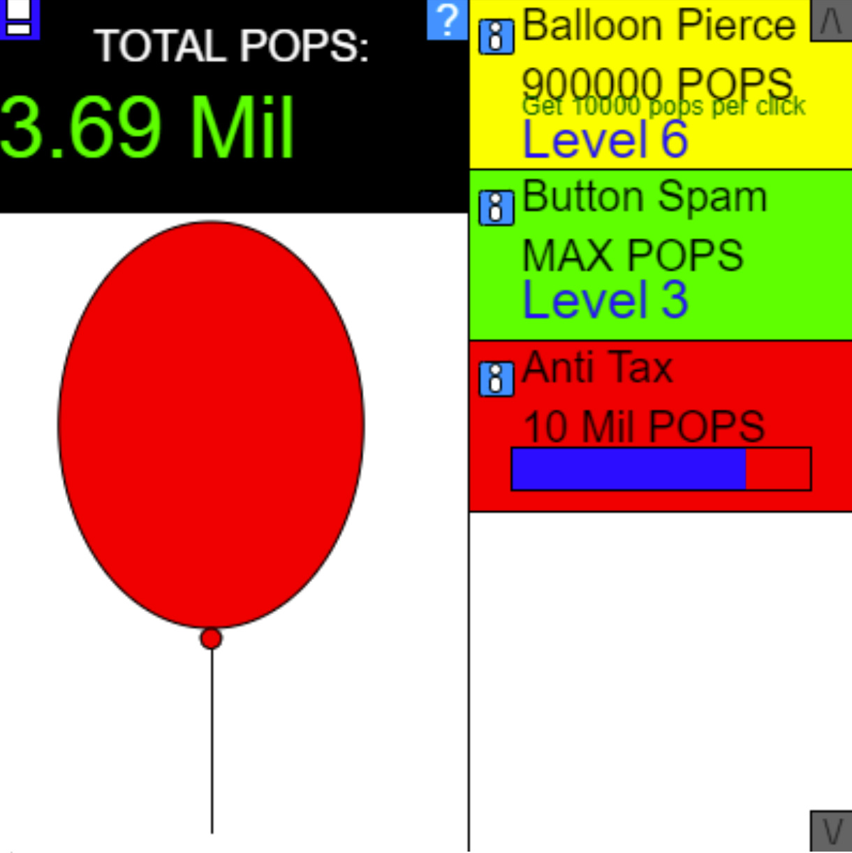 A game screen showing pop count, more upgrades, and a balloon to click