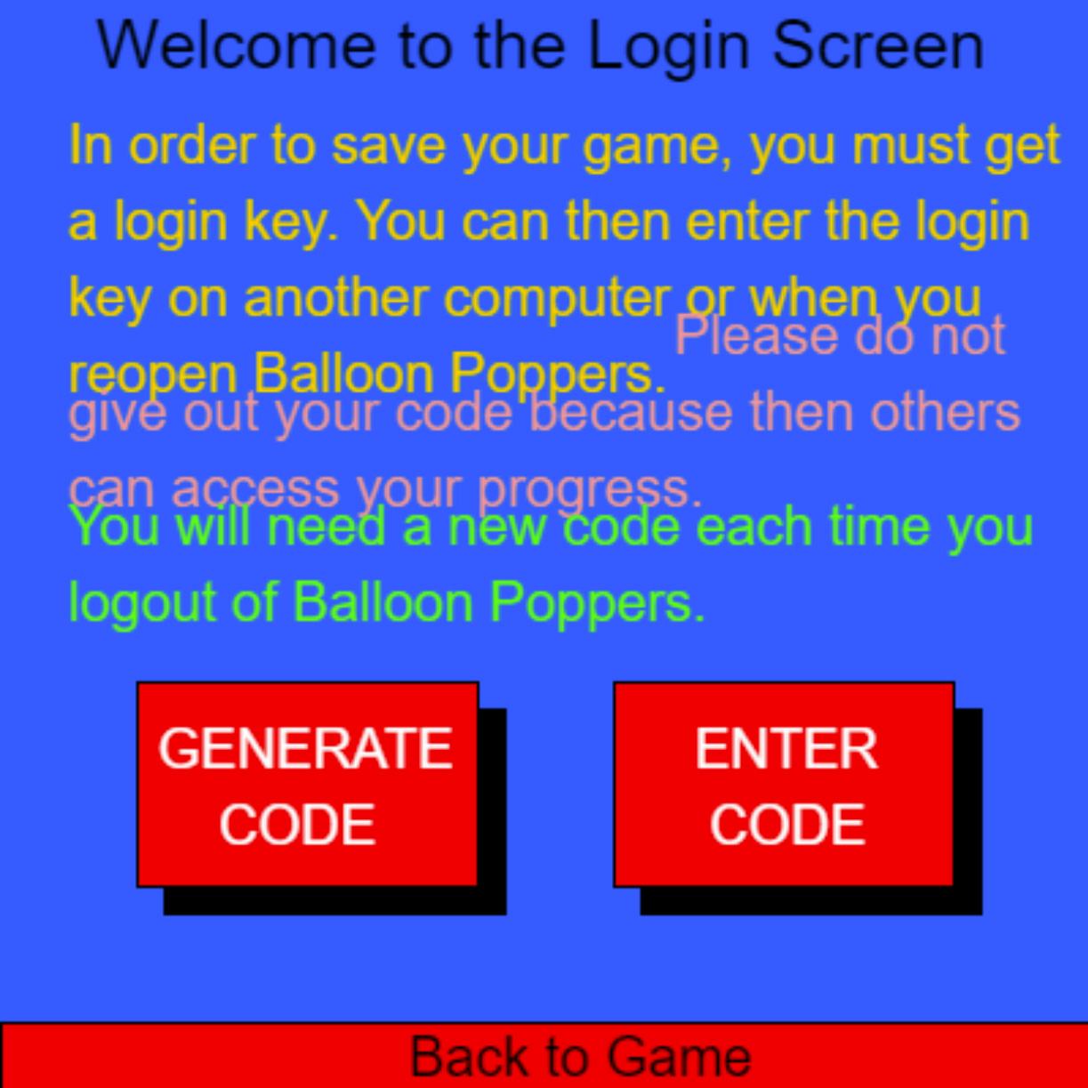 A login screen showing details on logging in with buttons to Generate Code or Enter Code