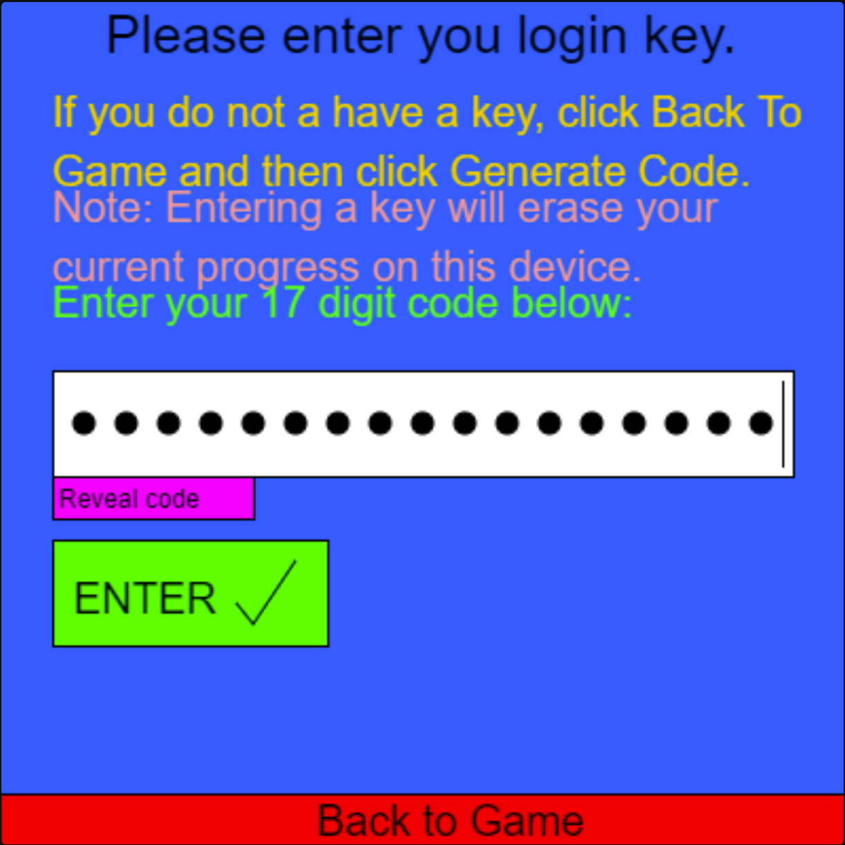 A login screen with an input for a login key filled out and masked