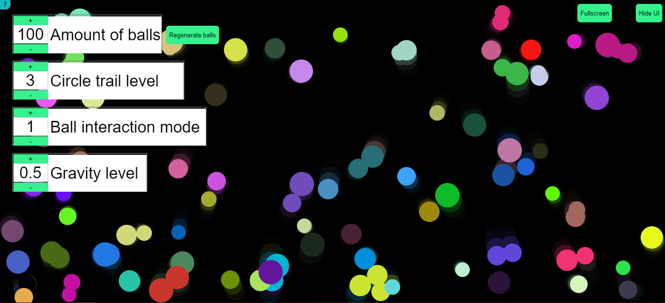 A screenshot of the program which has 100 colorful balls spread across a black canvas. Layered on top are controls for ball count, trail level, interaction mode, and gravity level.