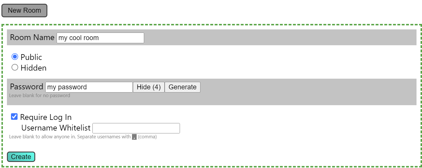 The create room interface with options to set the room name, visibility, password, and log in requirement