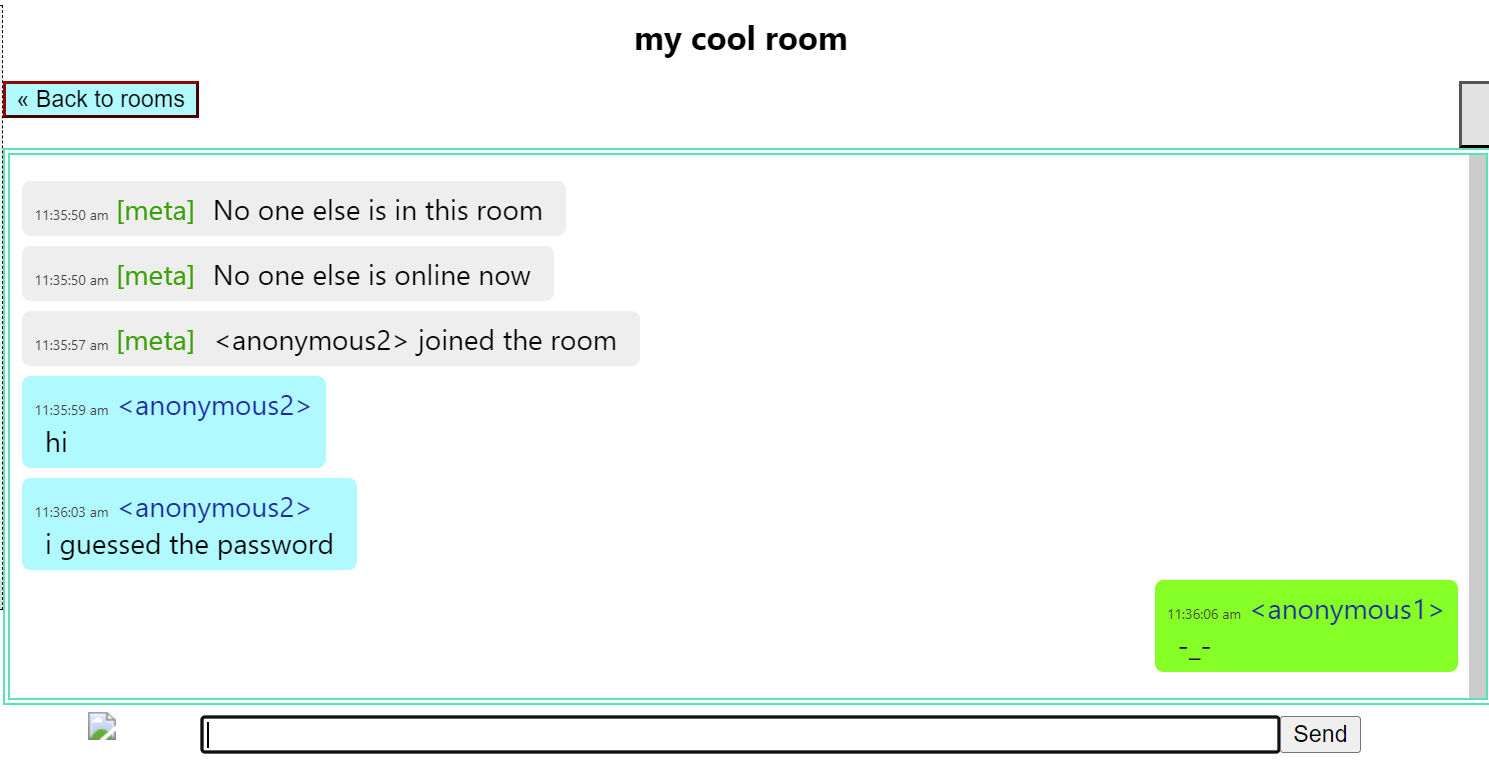 The room interface with messages from the system detailing who joins the room, messages from other users, and messages sent by the current user