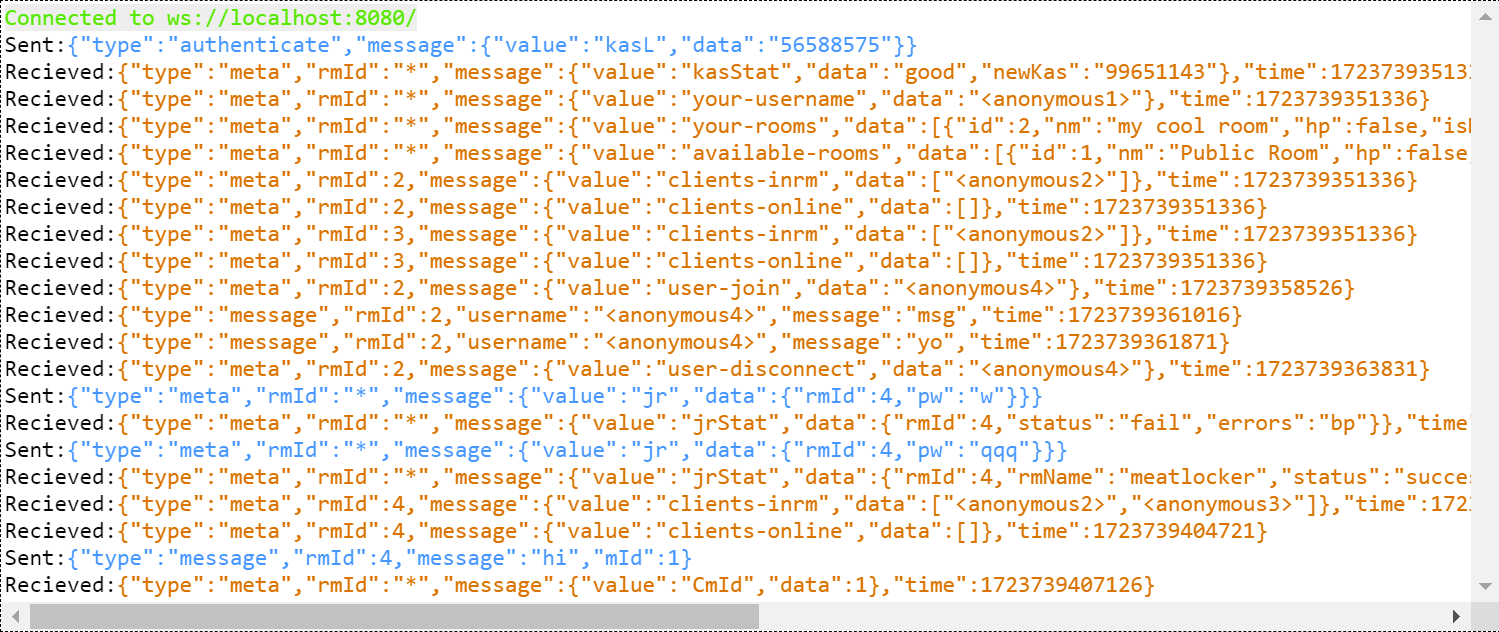 Debug logs indicating the JSON of different messages sent and received