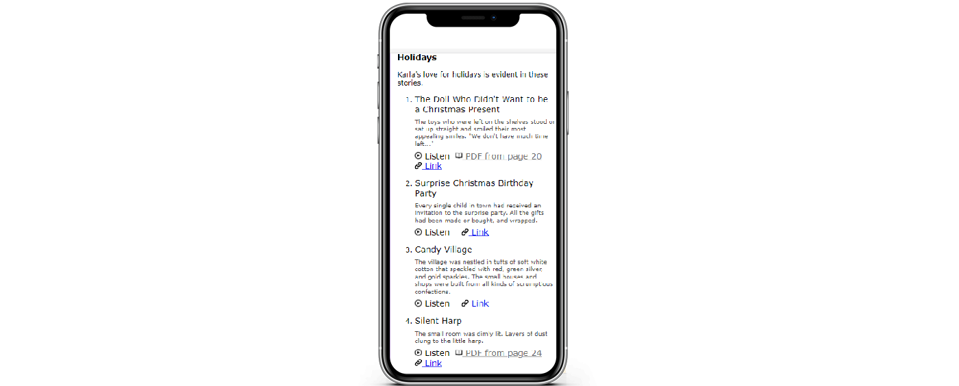 A picture of a mobile phone with the website's mobile version displaying a list of stories with links to audio, PDF, and read online