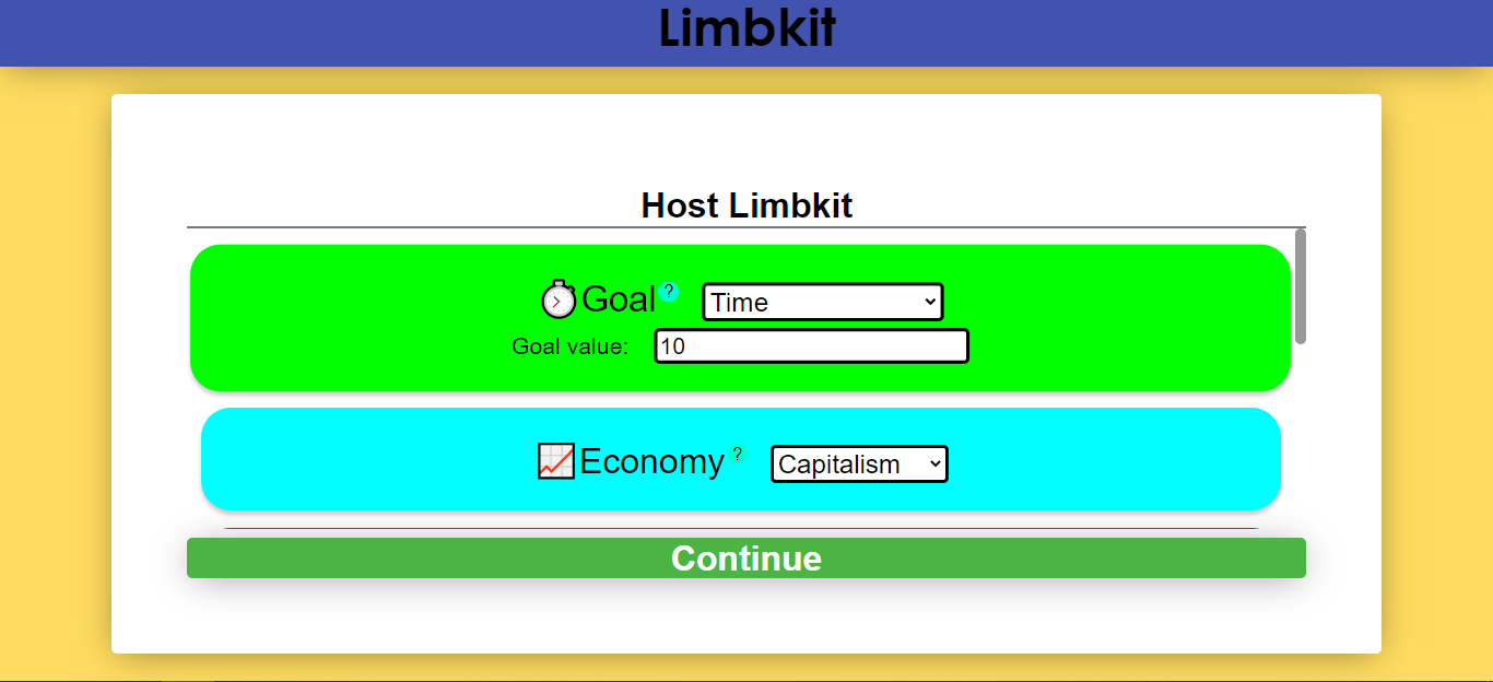 The create game screen with visible options for setting the goal and economy