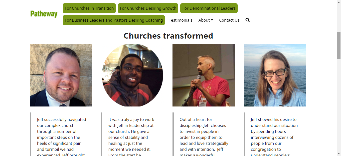 A page view showing four images of past clients and snippets from testimonials