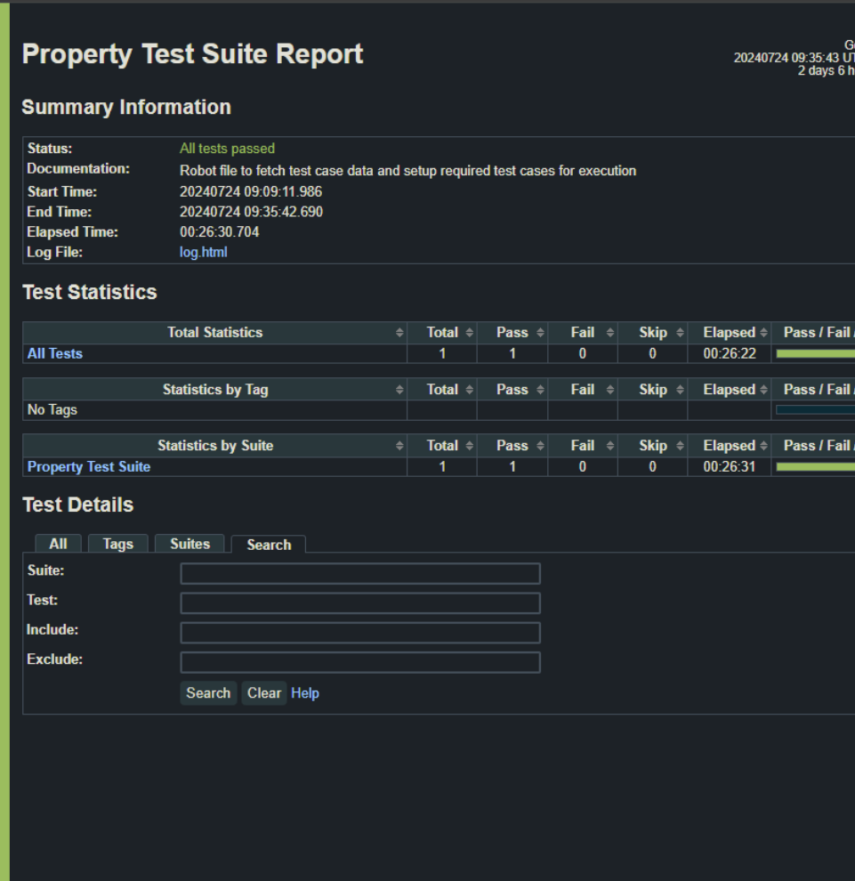 A Robot Framework test report with details about 1 passed test in 26:22