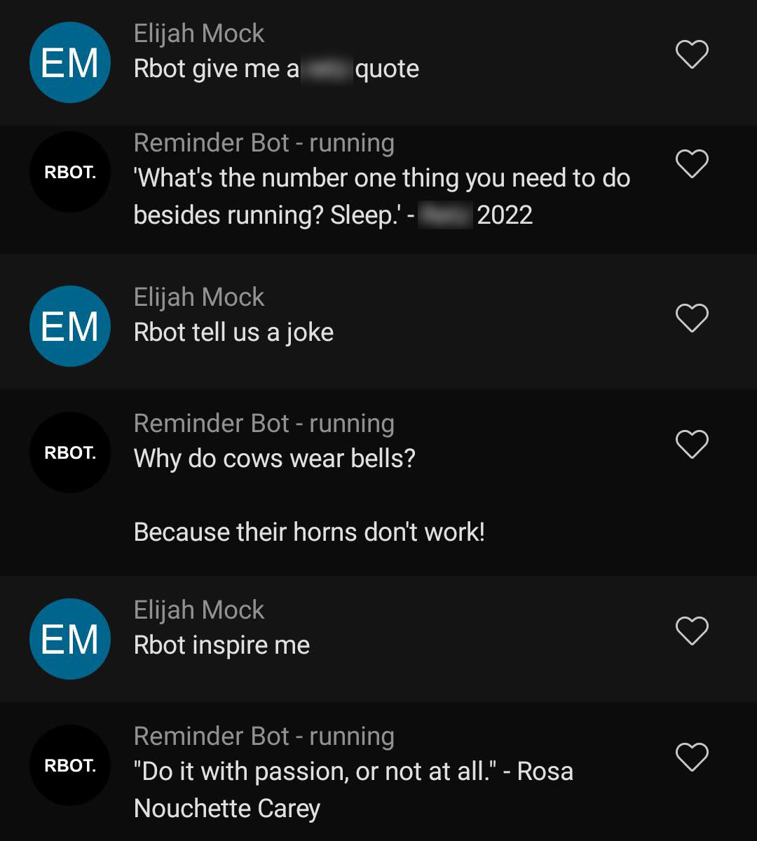 A screenshot of a GroupMe conversation with Reminder bot (custom implementation). The user asks for a quote from the coach, a random quote, and a joke, and RBot responds in turn