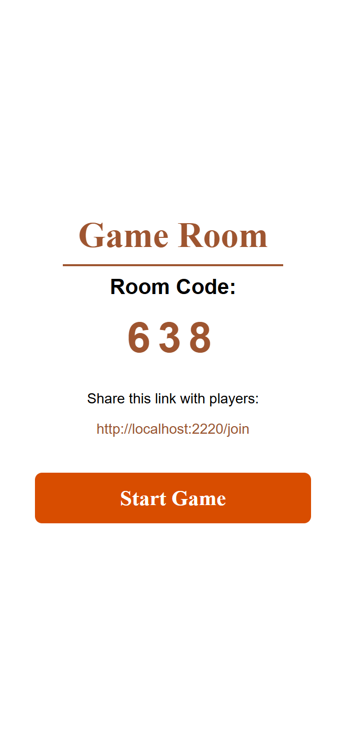 The host's screen before the game has started, showing a join code with details for joining and a start game button