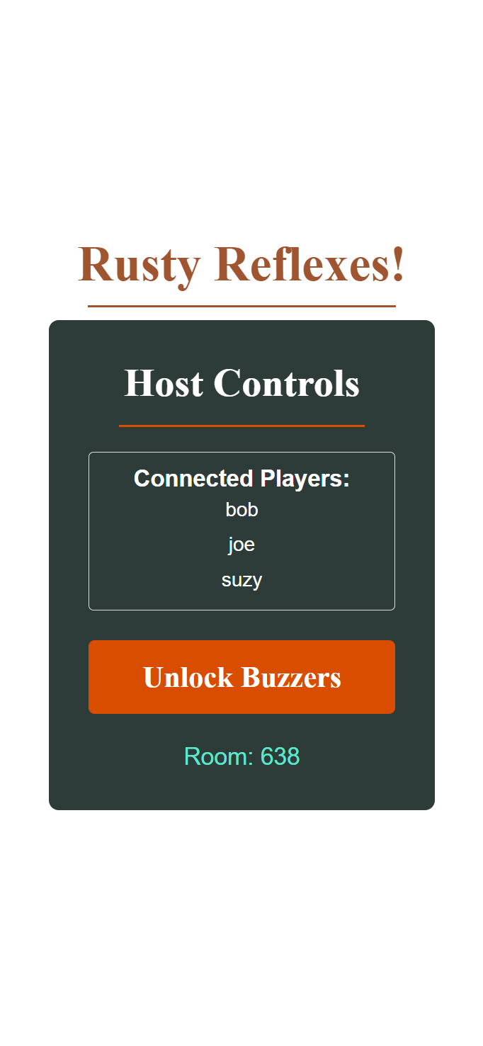 The host's screen after the game has started, showing a list of the names of connected players and button to unlock the buzzers