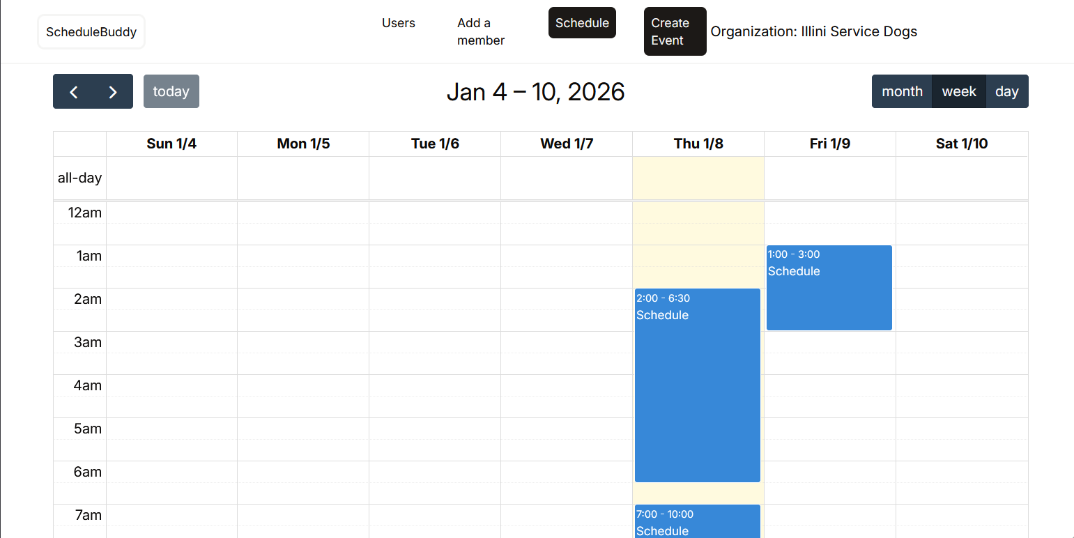 A calendar interface listing a week view with schedules in different time blocks