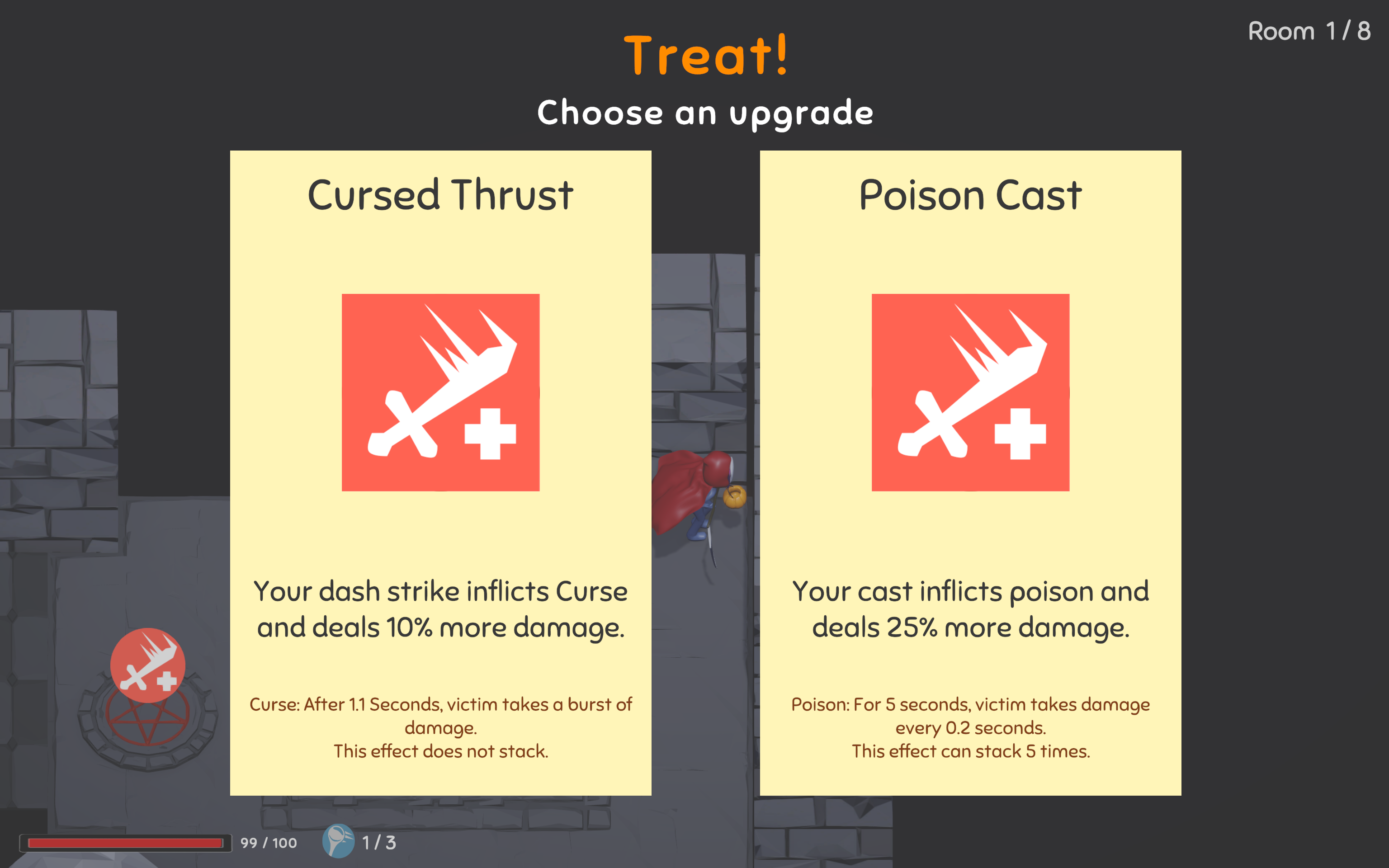 The boon dialog screen with a choice between two perks: Cursed Thrust or Poison Cast