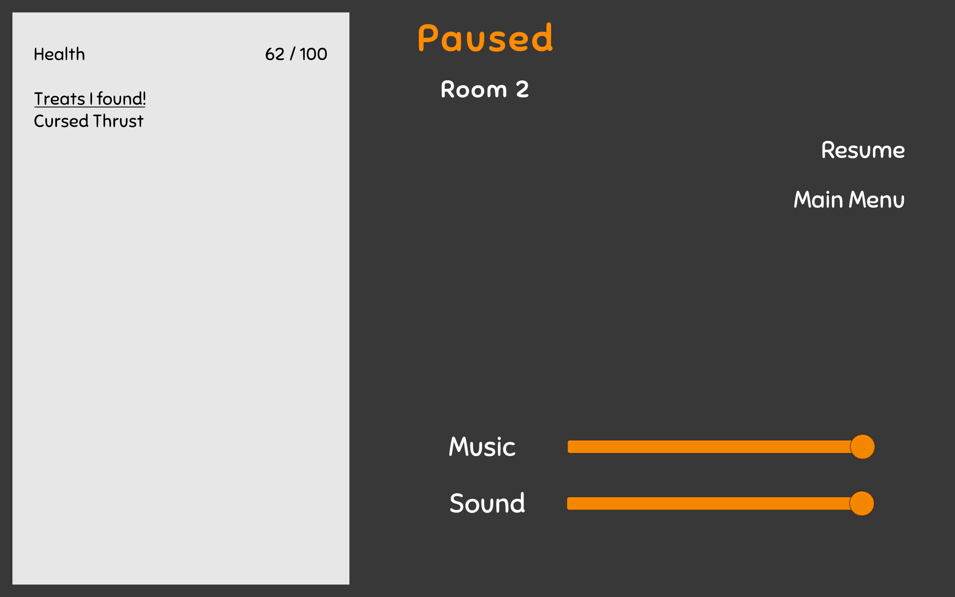 The pause menu with UI for player status, current level, music and sound controls, and options to resume or go to the main menu