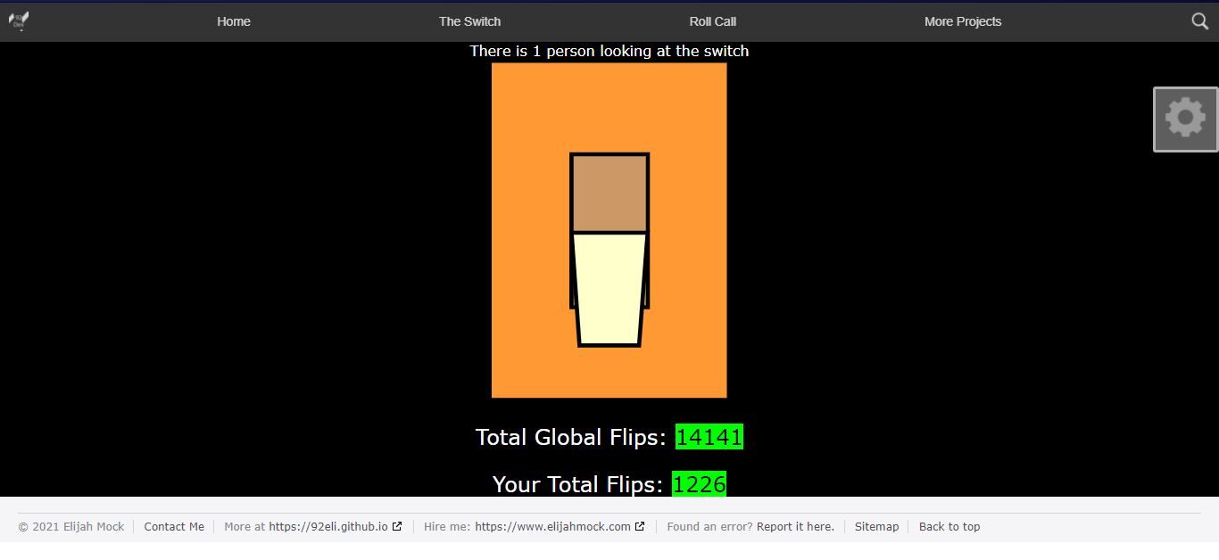 A picture of The Switch, an online light switch. Currently in the down/off position, the background is black. A count of how many flips that the current user and all users have performed is displayed