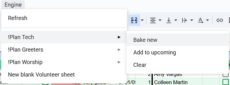 The Engine context menu, with options to refresh; create a new blank sheet; and for a particular plan, create new, add to upcoming, and clear