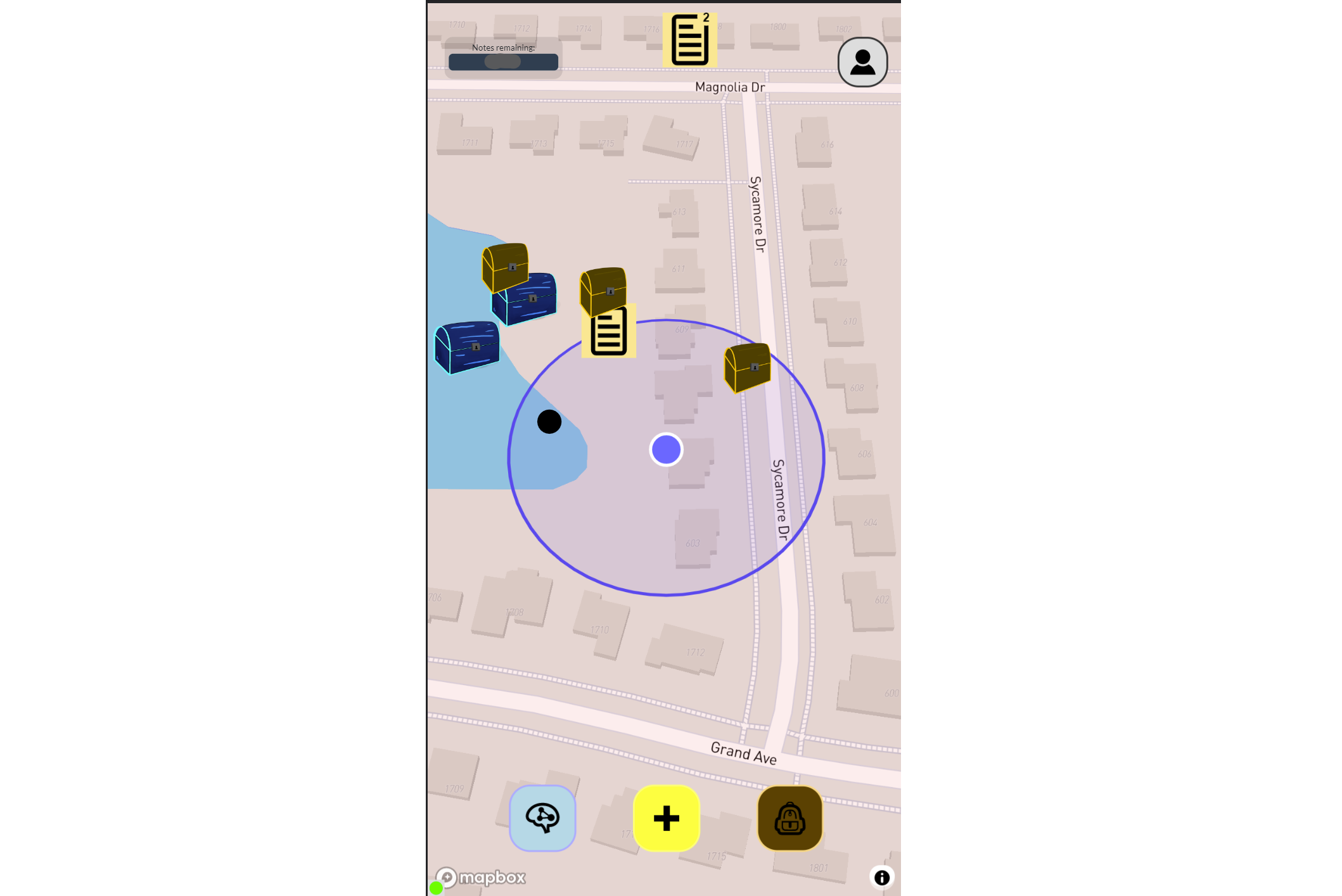 A screenshot of a portrait view of the web app containing a map, a marker at the user's curent location, nearby chests, nearby notes, and menu toggles to view profile, see memories, create note, and open backpack