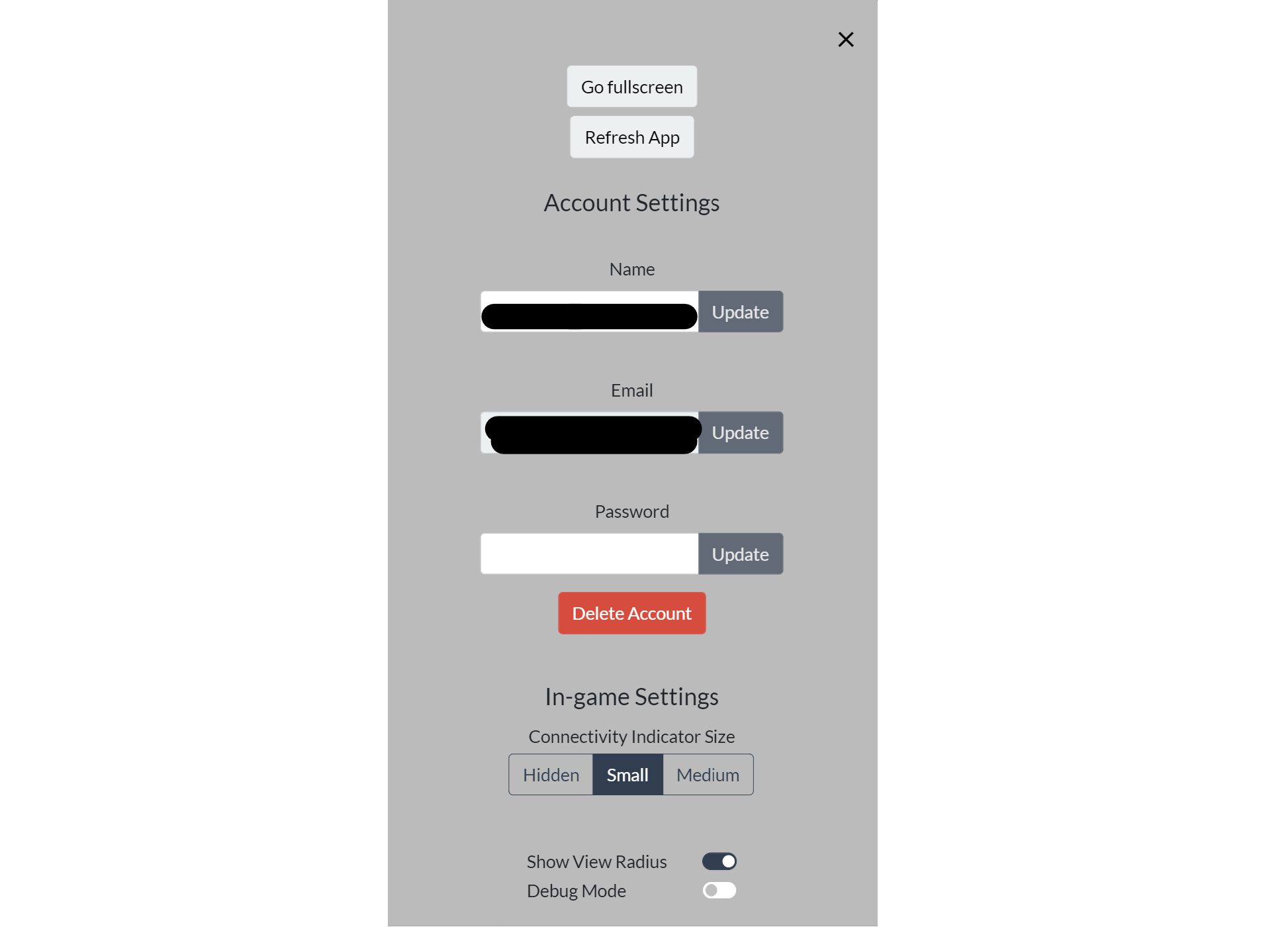 A portrait view of the settings page with options including change name and email