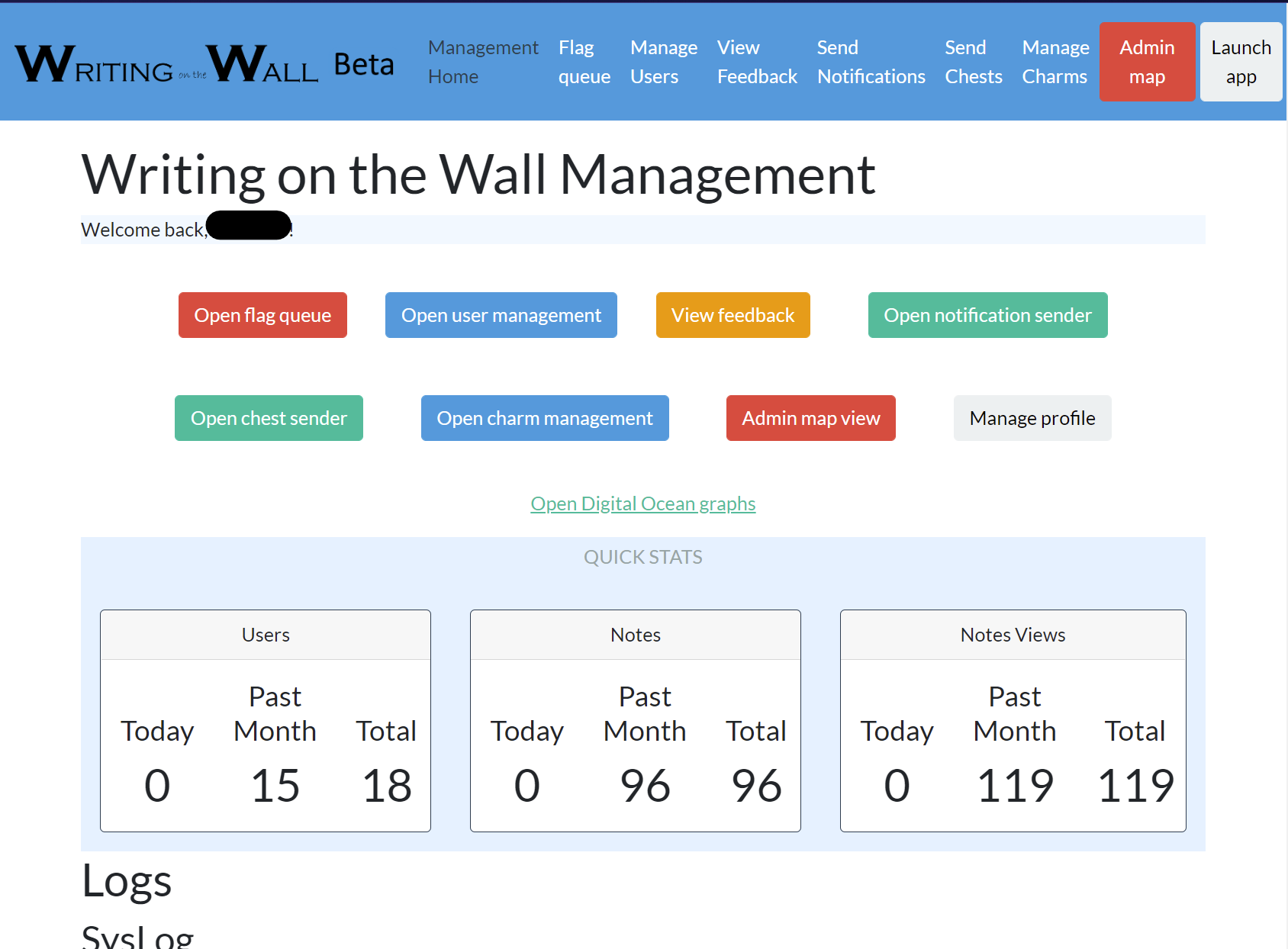 A horizontal screenshot of the admin interface with colored quick links to different tools as well as statistics for user activity, note activity, and note view activity for different time segments